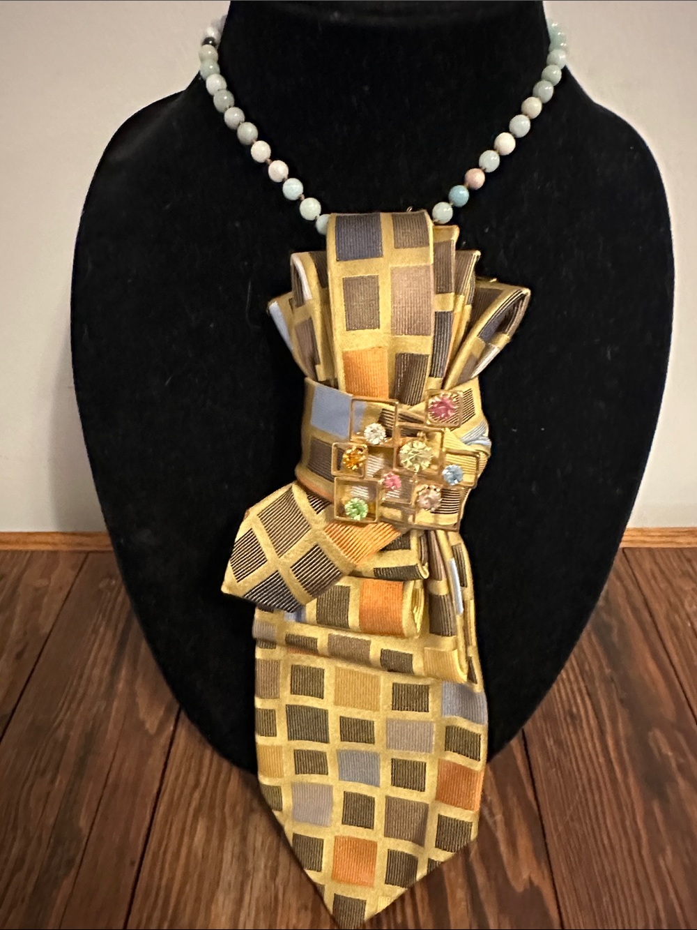 Silk Geometric Gold Tie Necklace with Multicolor Gem Brooch